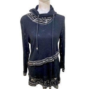 Papa black lace asymmetric hem lined stand up collar with tie trim size large